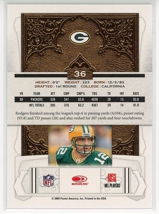 2009 Donruss Classics #36 Aaron Rodgers Green Bay Packers - Image 2 of 2