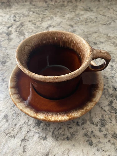 Vintage Hull USA Pottery Brown Drip Set Of 4 Crestone Cup & Saucer Set Mint