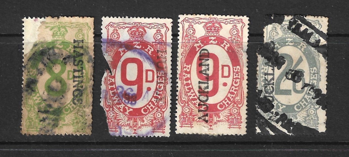 New Zealand 1925 Railway Charges 8d HASTINGS and 9d HUNTLEY plus others, faults