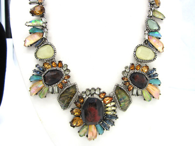 Estate Gorgeous Artistic Colorful Rhinestone Abalone Silvertone Collar Necklace
