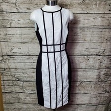 Calvin Klein Sheath Dress Size 4 White Black Illusion Vertical Stripe Sleeveless