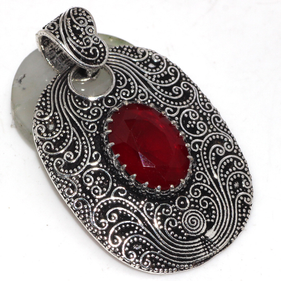 Handmade Red Onyx Gemstone Pendant in 925 Silver Plating, 1.6