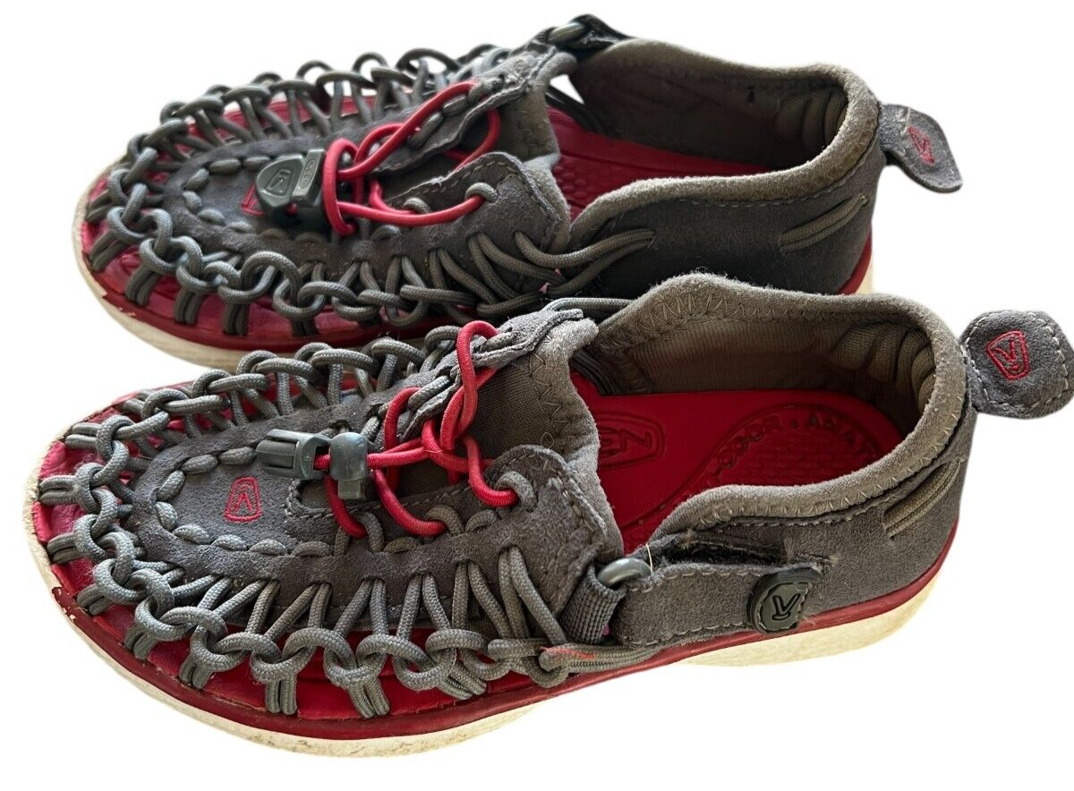 Scarpe Keen Uneek 02 ragazzo taglia 10 bambini grigio rosso sandali slip on scarpe acqua usate