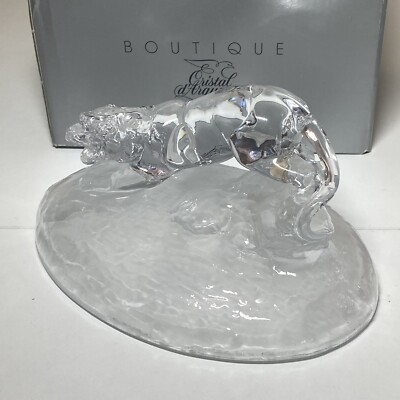 Cristal d'Arques Crystal Crouching Tiger on Frosted Base Made In France