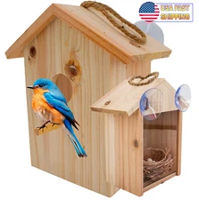 See Through Window Bird house, Wooden Birdhouse - Suction Cup Bird Nesting Box