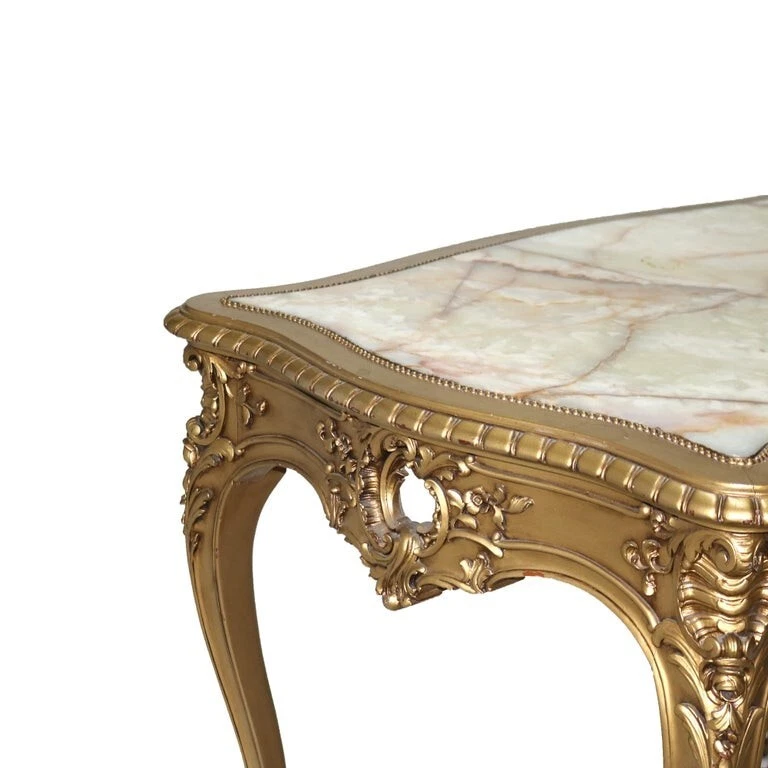 Antique Louis XIV Giltwood & Inset Onyx Parlor Table with Foliate Elements C1890 - Image 4 of 4