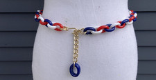 Vintage mod boho 1960s plastic and metal link chain belt red white blue 36" long