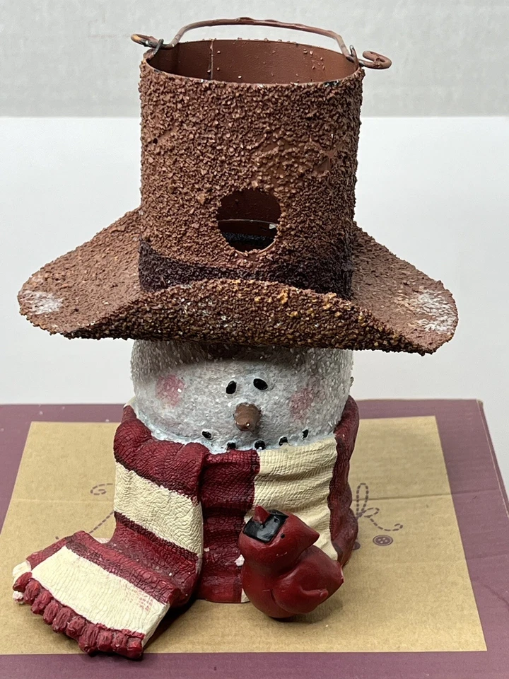 Redwork Christmas Snowman Lantern Votive Candle Holder Box Country Cardinal - Image 4 of 4