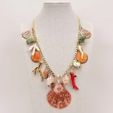 23" Multi Sea Shell Pearl Coral Gold Color Chain Necklace Summer Beach Jewelry