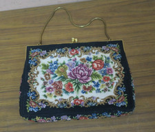 Vintage Black Floral Needlepoint Petit-Point Tapestry Purse Bag 6"x8" Handmade
