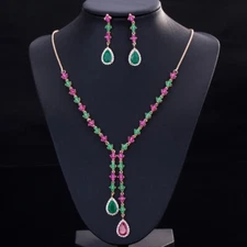 Luxury Gold Plated Green Red CZ Flower Long Party Necklace Earrings Jewelry Set