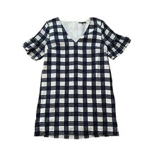 Madewell Dress Size 6 Shift Mini Leighton Navy Plaid Short Sleeves Ruffle