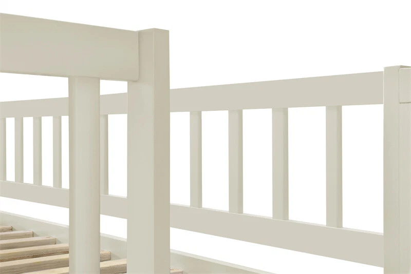 Litera de madera de tamaño completo doble con escalera de almacenamiento y cama nido, crema  Foto 3 de 4