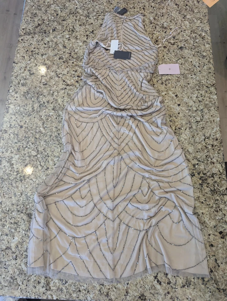 Vestido Blusa Adrianna Papell Cuentas Escote Halter Desnudo Talla 4 Foto 2 de 4