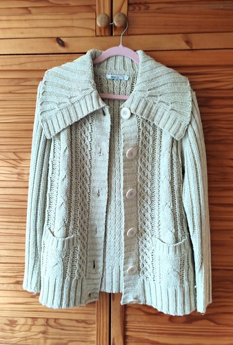 Arran Style Cardigan Long Sleeve Cable Knit in Stone, size L by M & Co - Picture 3 of 6