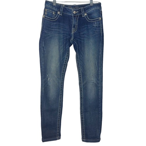 Pantalones de mezclilla Miss Me talla 27 azul lavado oscuro pierna ajustada tiro bajo desgastados claros - Imagen 2 de 6