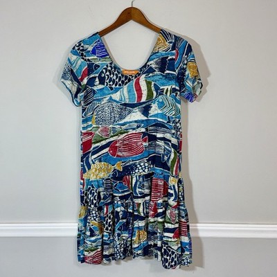Jams World Hattie Dress Womens S Artsy Colorful  Tiered Fish Print Art to Wear