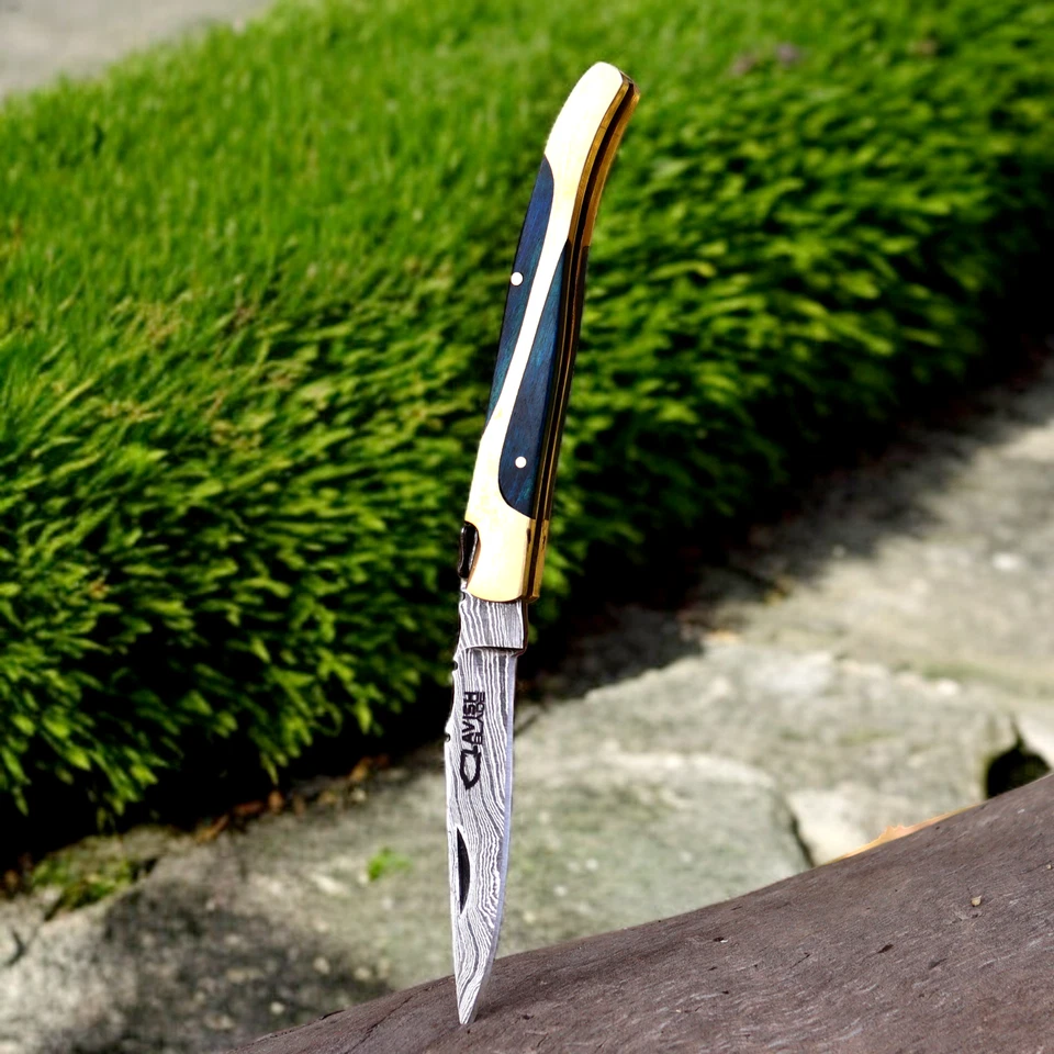 2pc Handmade Laguiole Damascus Folding Pocket Knives Brass Wood Handle & Sheath - Image 4 of 4