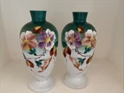 Pair of Vintage Victorian Era Milk Glass Vases Hand Painted w/ Floral Pattern