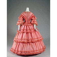 Pink Victorian Ball Gown Collar 3/4 Sleeve Frill Tiered Historical Costume Dress