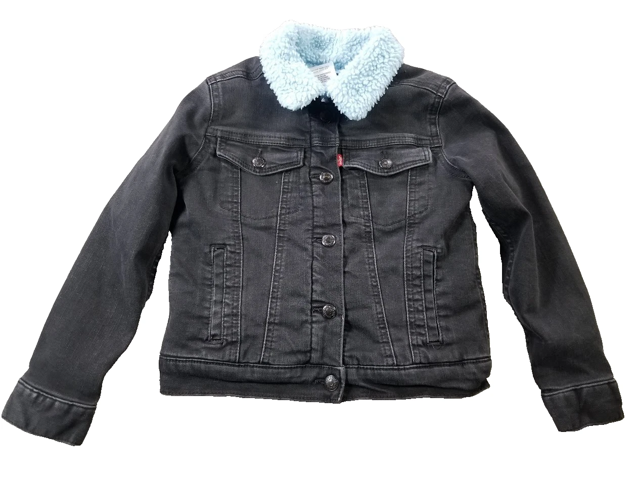 Levis Denim Trucker Jacket Kids Medium (5-6) Black Snaps Sherpa Lined Warm Boy