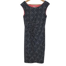 Women Faux Wrap Geometric Midi Dress Size 10 Navy Stretch Office Modest Church