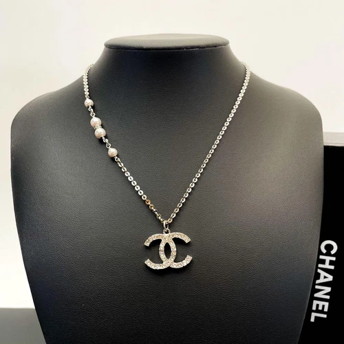Chanel Long Necklace with Rhinestone Pearl and White CC Logo Charm B20C