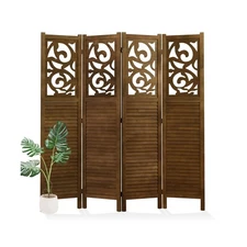 Folding Room Divider, 5.6Ft 4 Panels Wood Carved Privacy Screens, Free Assemb...