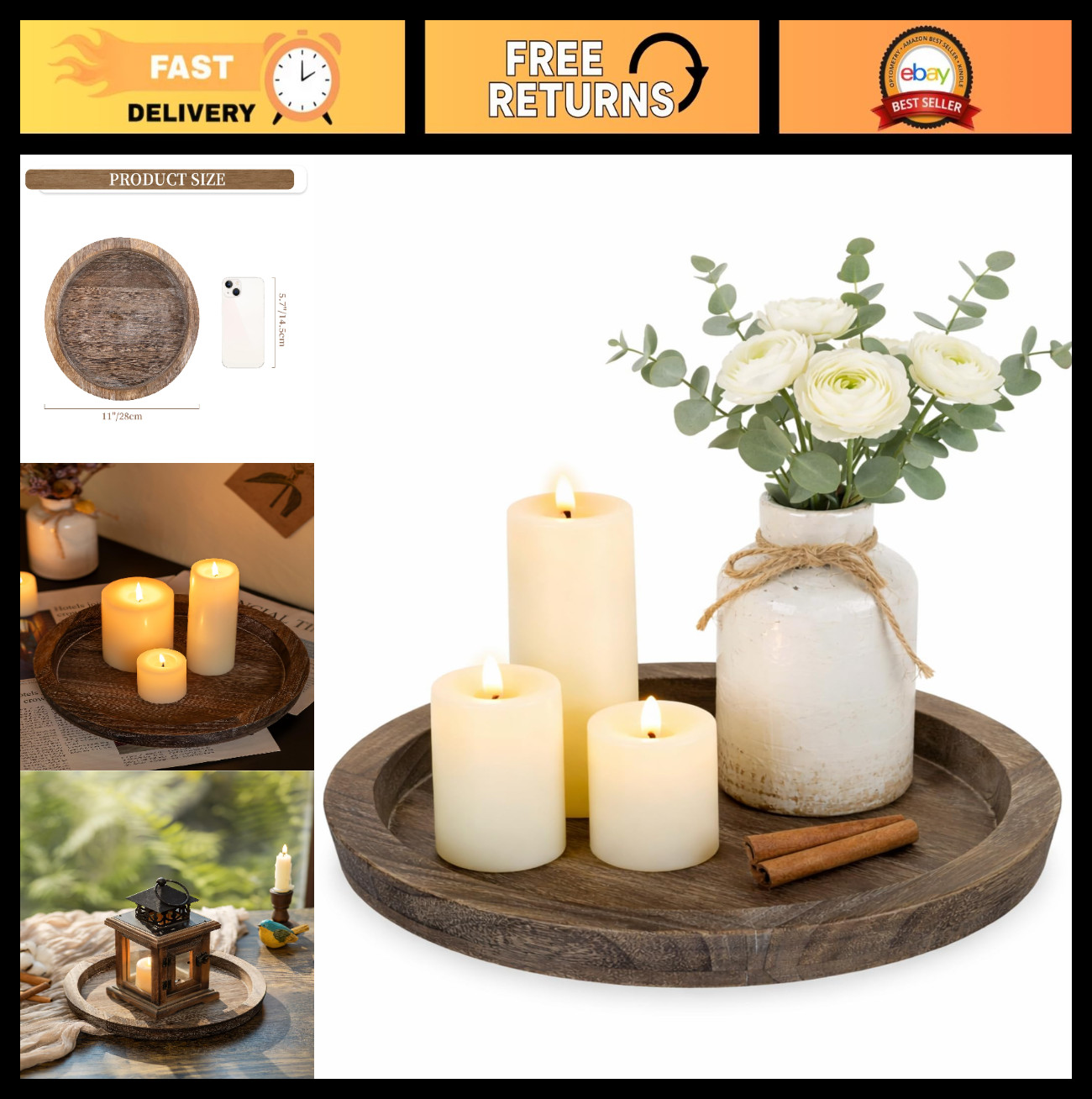 Rustic Round Wood Candle Plate Holder Tray - Farmhouse Tealight & Pillar Decor