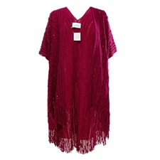 The Skyline Collection Red Knit Poncho Cardigan with Sequins, One Size