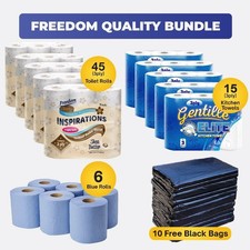 45 Toilet rolls 3ply 15 Kitchen towel 6 Blue centrefeed 10 Bin Bags -Mega Bundle