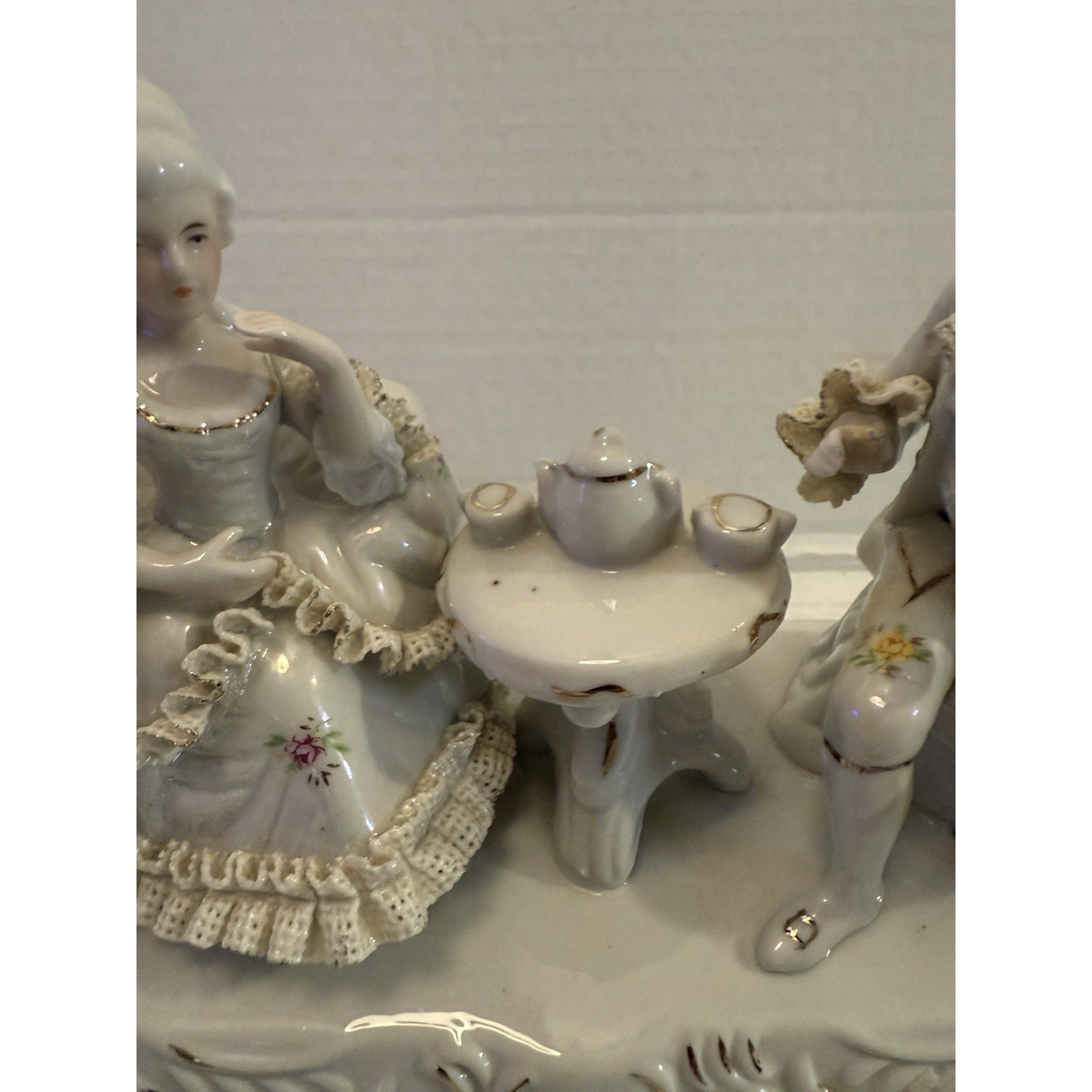 Vintage Rare Lace Porcelain Teaparty Tea Set Poodle Romantic Couple Figurine!