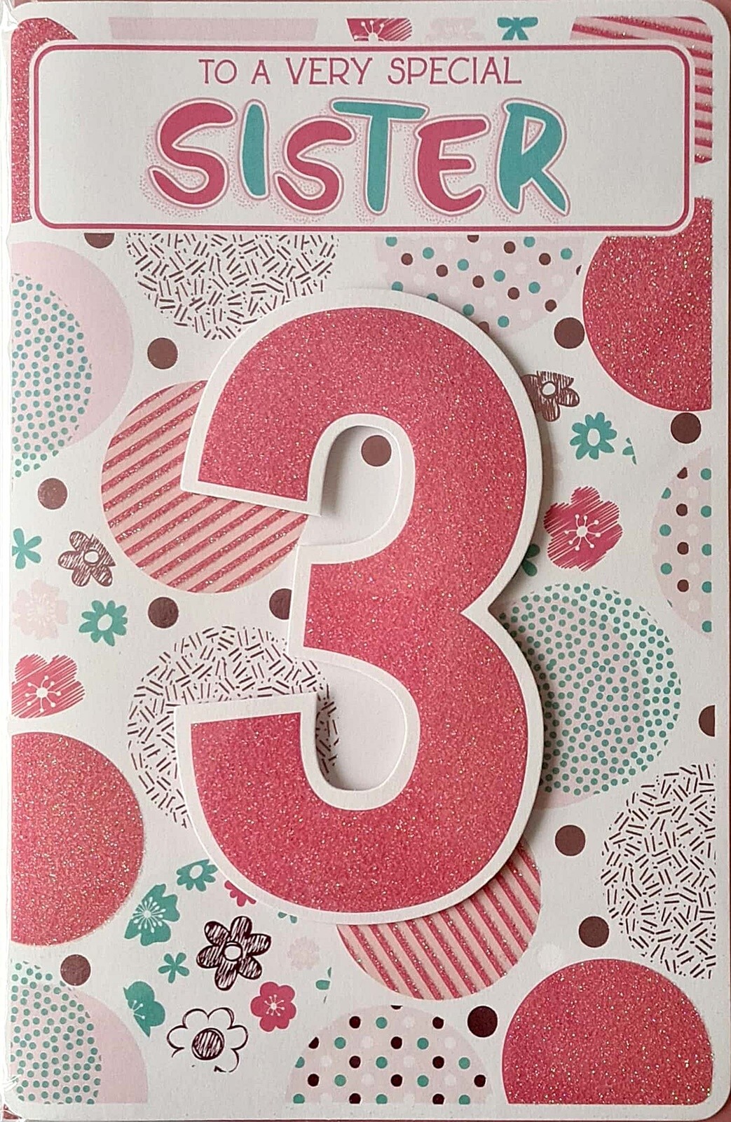 Happy 3rd Birthday Card to a Very Special Sister Pink Glitter Pink Foil Fun