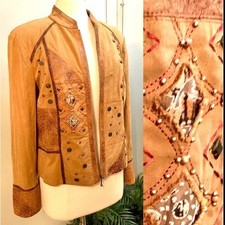 Vintage Tan & Suede Embellished Jacket M Art To Wear Nancy Bolen
