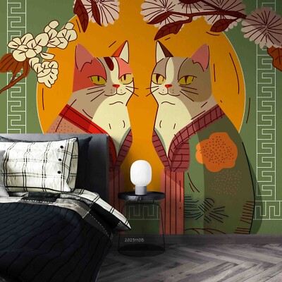 3D Japan Cat Flower Illustration Self-adhesive Removable Wallpaper Murals