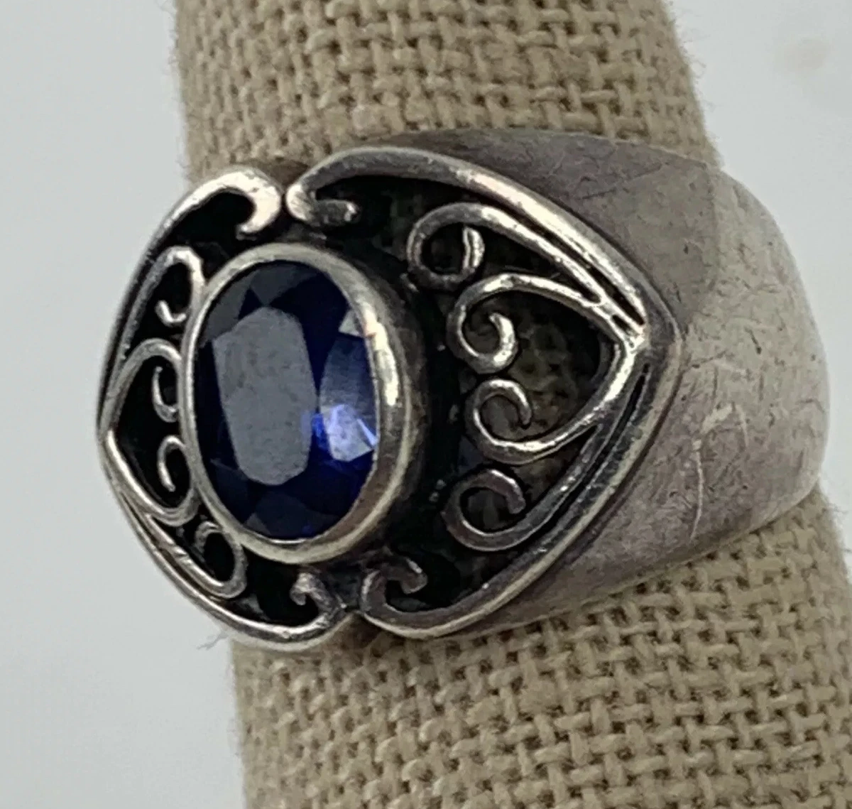 Vtg PSCL 925 Sterling Silver Ring Blue Crystal Hearts Size 6