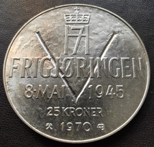 Norwegen 25 Kronen 1970 25 Jahre Befreiung HAAKON VII OLAV V Silber