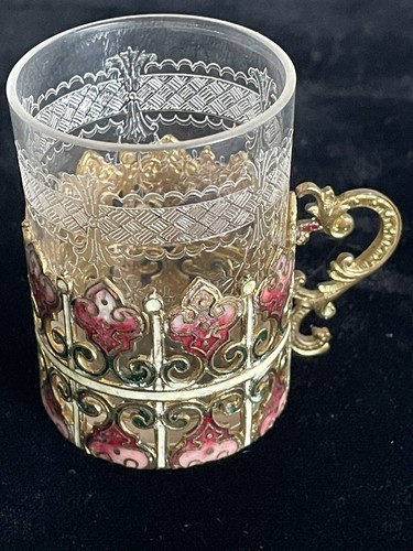 Antiguo vaso de chupito esmaltado cordial ornamentado grabado con mango - Imagen 4 de 10