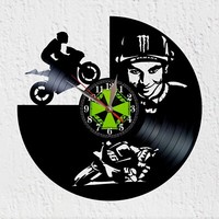 Vinywoody Wanduhr Vinyl Schallplatte Silhouette Motorradfahrer Rossi Geschenk