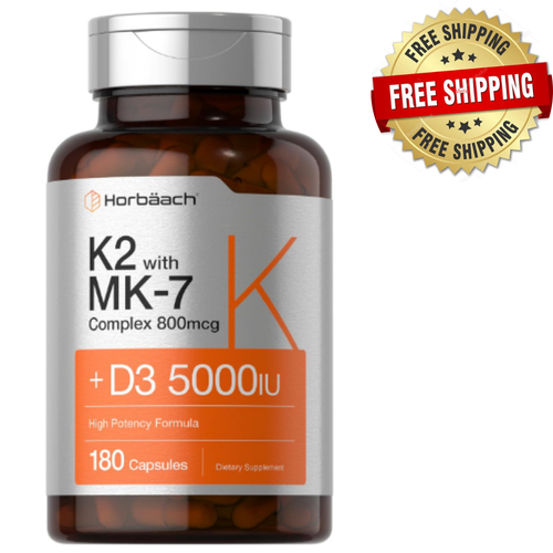 Horbaach Vitamin D3 5000 IU K2 MK7 800 mcg, Vit D and K Supplement 180