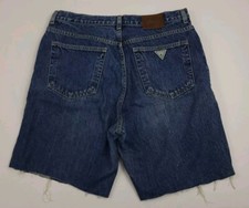 Vintage 90s Guess Denim Jean Cut Off Shorts Vtg USA 33 Waist Triangle Logo Blue