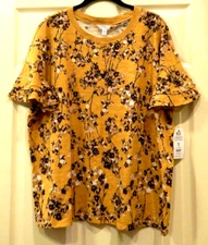 Time and Tru Golden 100% Cotton Floral Blouse, Layer Fluffy Short Sleeves-20 XXL