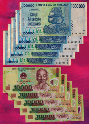 100,000 Vietnam Dong VND Note 10 Trillion Zimbabwe Dollars Banknote AA 2008 UNC