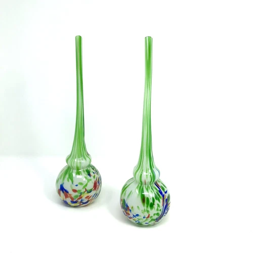Vintage MCM MURANO Spatter Glass Tall Solifleur Stem VASE Pair Set 2 Blown Bud