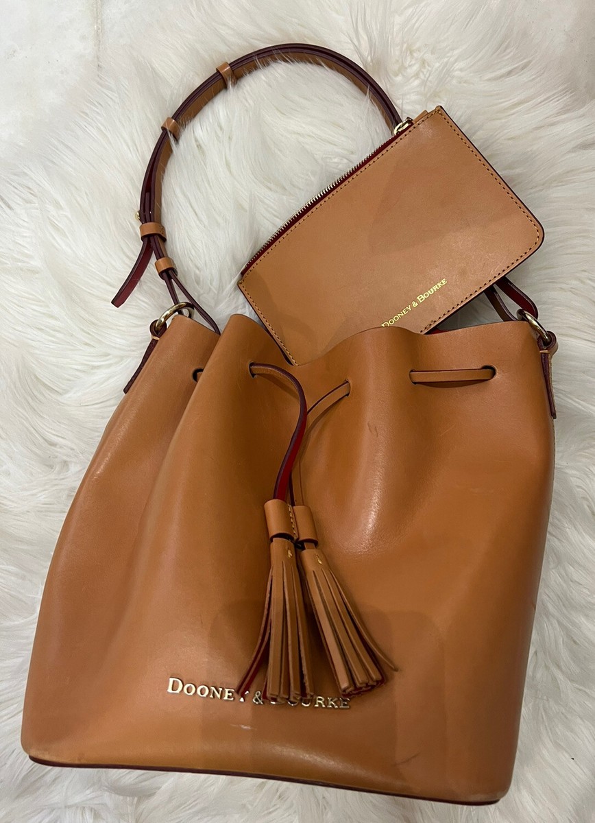 Dooney Bourke Tan Brown Leather Drawstring Bucket Tote Crossbody