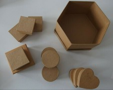 NEW Paper Mache Hexagon Box Eleven 11 Misc 3" Boxes Round, Square  Hearts 