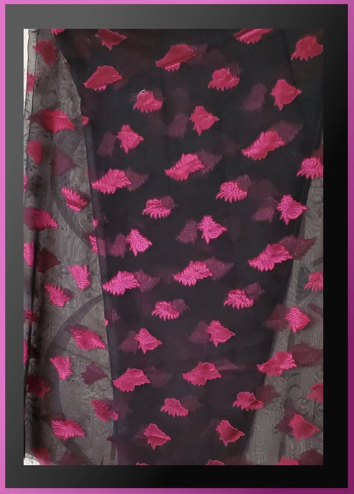 Tela Bordada Negro Organza Rosa Frambuesa Profunda 80 Pulgadas Largo 45 Ancho Nuevo de Lote Antiguo Foto 2 de 4