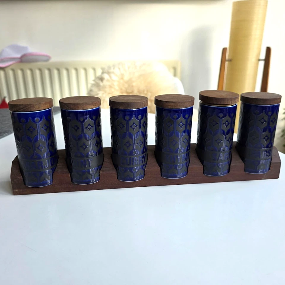 Vintage Hornsea Blue Heirloom 6 x Tall Spice Herb Jars With Spice Rack 1970s - Image 2 of 4