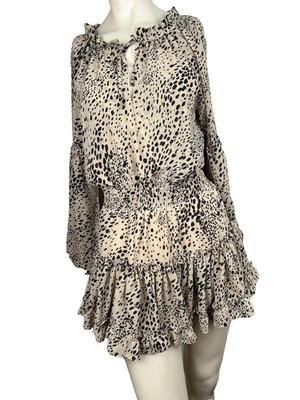 Buddy Love Mini Dress Spotted Leopard V-neck  LS smocked sleeve Ruffle XS
