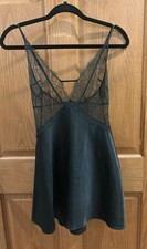VICTORIA'S SECRET LINGERIE CHEMISE Medium BLACK SATIN LACE CROSS BACK ADJ. STRAP